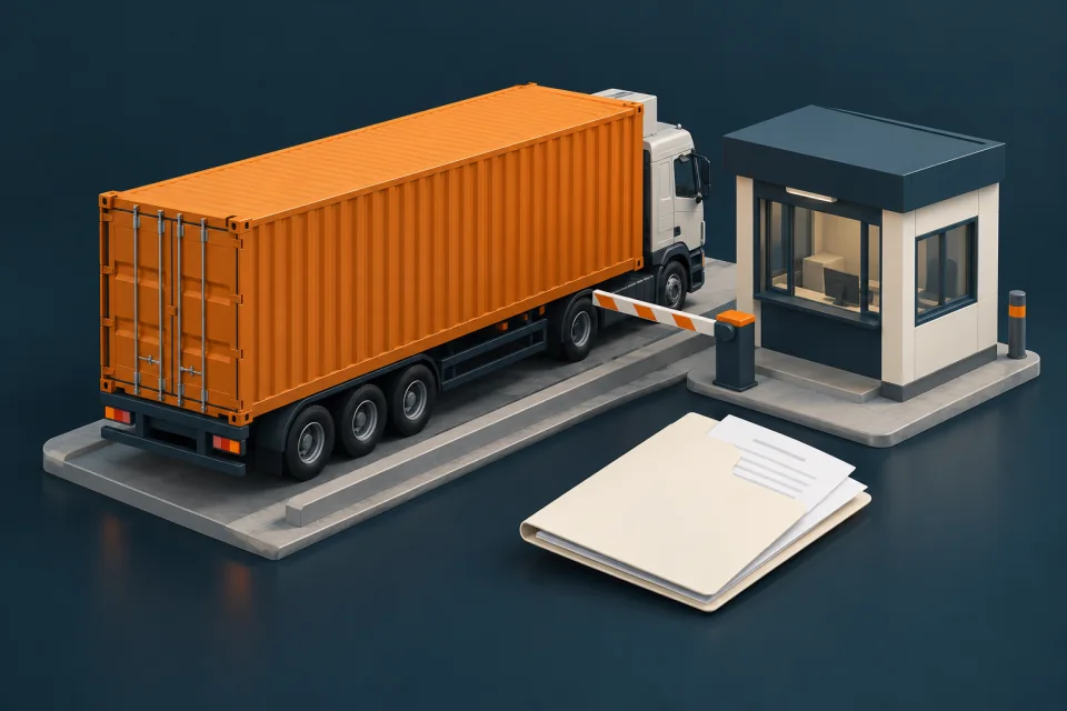 An orange shipping container beside customs documentation and a port checkpoint.