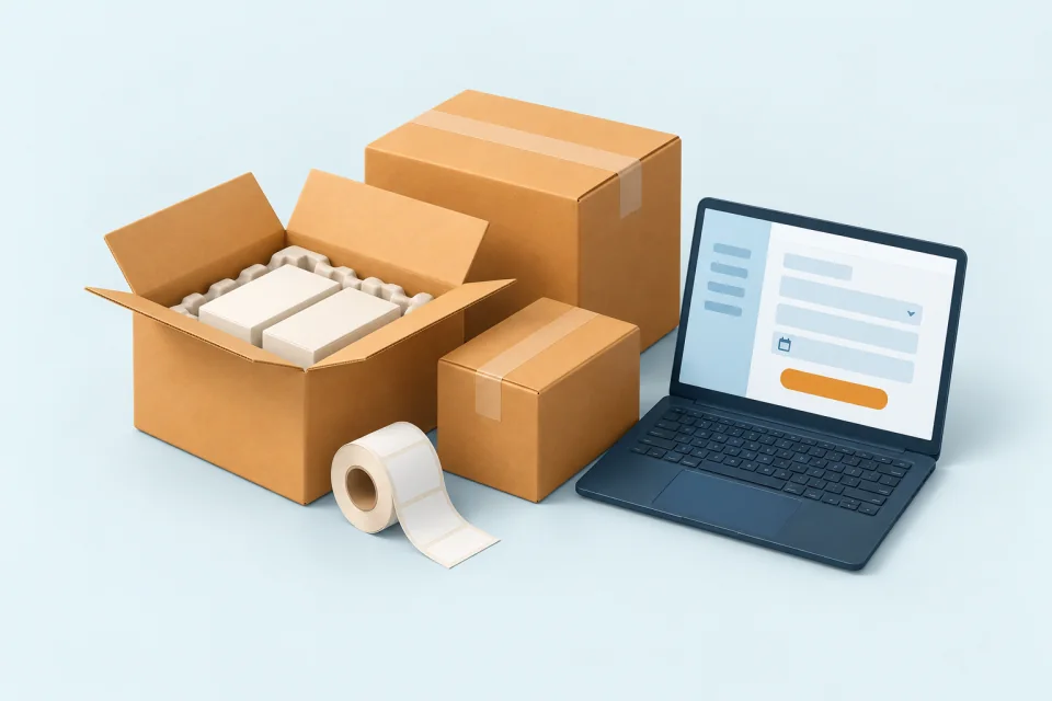 A few orange shipping cartons, protected retail boxes and label stock beside a laptop for a small seller shipment.